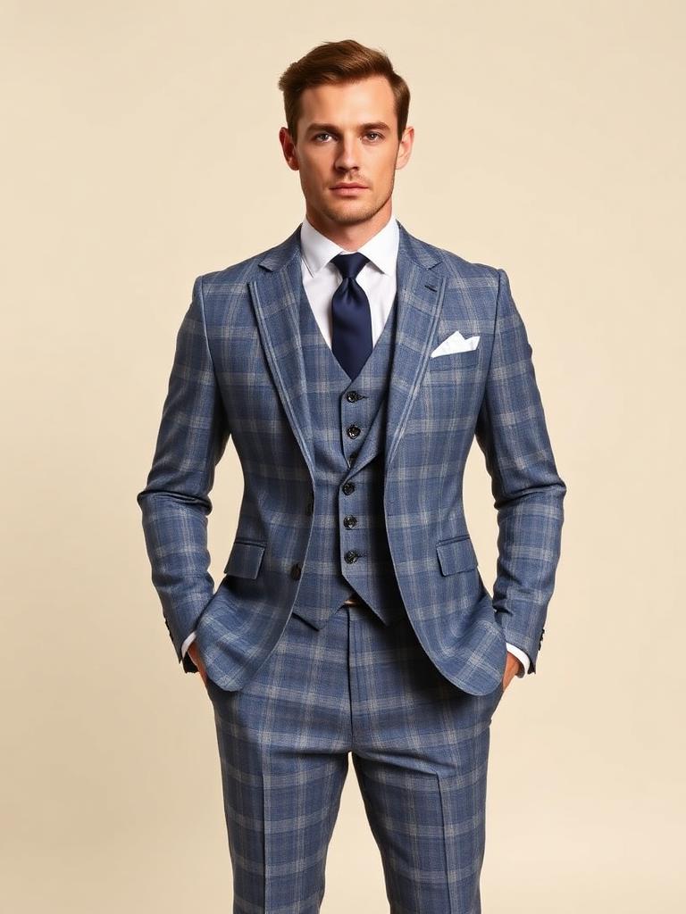 Stone Blue Glenplaid Three-Piece