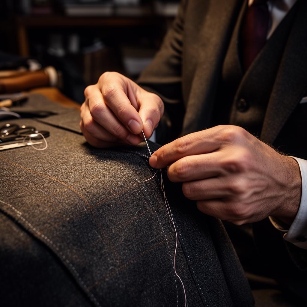 Master tailor hand-stitching a premium suit